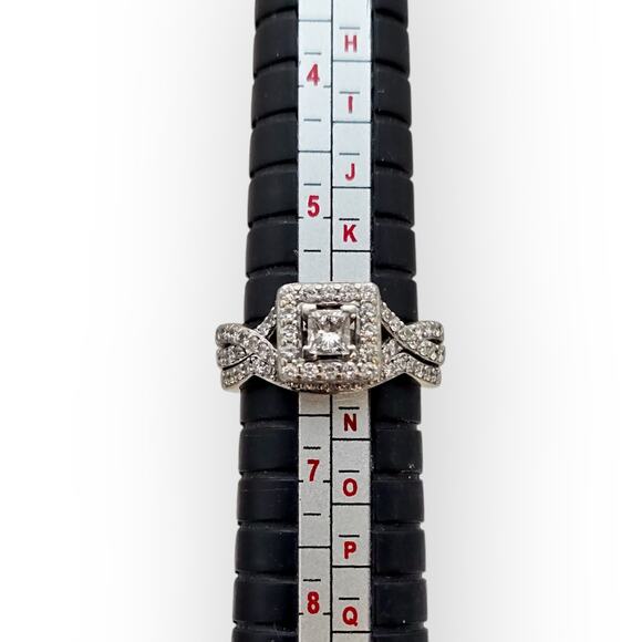 14k White Gold Diamond Bridal Set Princess Halo Engagement Ring & Twisted Band - Picture 12 of 12